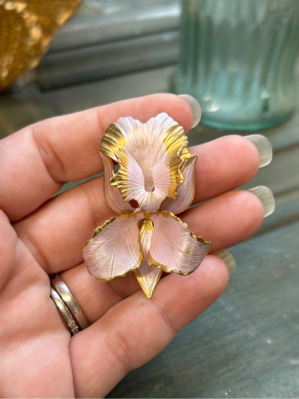 Vintage Cerrito Pink and Gold Iris Brooch